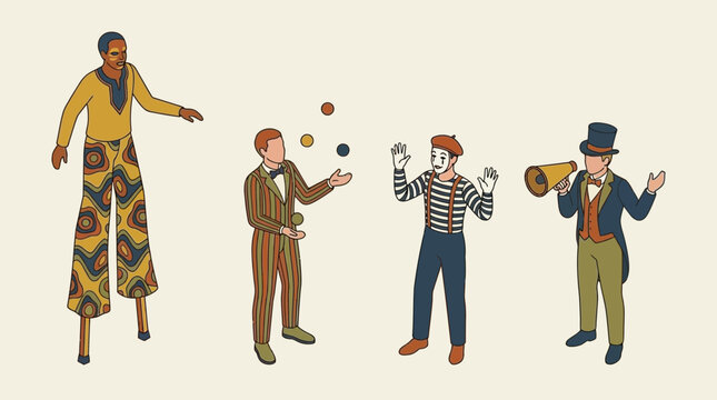 Four cartoon performers, including a stilt walker, juggler, mime and ringmaster