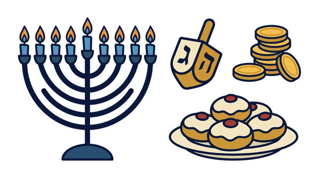 Hanukkah celebration symbols on a clean white background