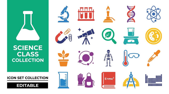 Science class and laboratory equipment icon collection