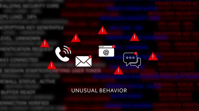 Cybersecurity alert warning featuring unusual behavior notification and red warning symbols over a digital data processing background, for network security, and information technology concepts