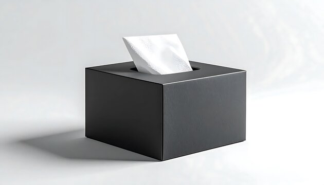 Empty gray tissue box with white tissue on plain background.
