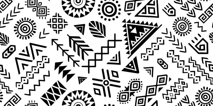 Seamless ethnic pattern, hand-drawn ethnic geometric elements, African or Indian style tribal pattern, vector design