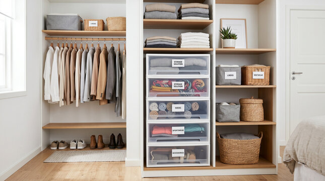Organized closet with clothing and storage bins in minimalist design  