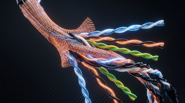 Copper wiring shows detailed braided shielding around vibrant twisted pairs of communication cables that illustrate high speed internet connectivity and professional data network installation.