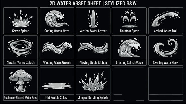 2d water element asset sheet with stylized fluid effects animation fountain illustration stylized particle abstract gameplay environment waterfall