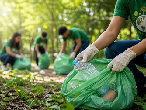 Volunteers collecting garbage and plastic bottles in a green forest for environmental cleanup vector illustration, Community clean-up day, recycling, and conservation concept banner design, 