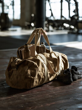 Canvas duffel gym bag with water bottle and sneakers
