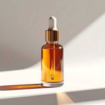 Amber Glass Dropper Bottle with Golden Cap on Shelf.