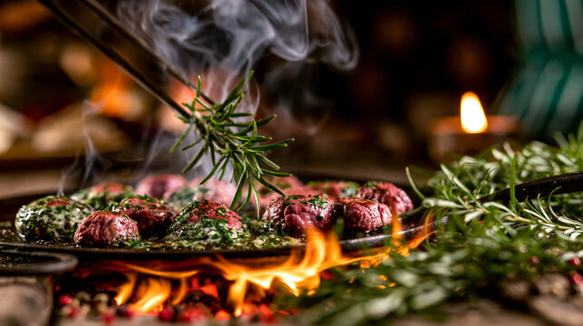Fresh rosemary sprig seasoning meat over hot open flame fire grill with rosemary