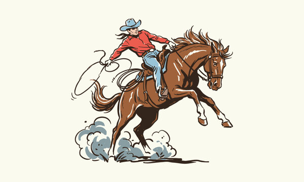 Vintage illustration of a cowboy riding a bucking horse and swinging a lasso in a western rodeo