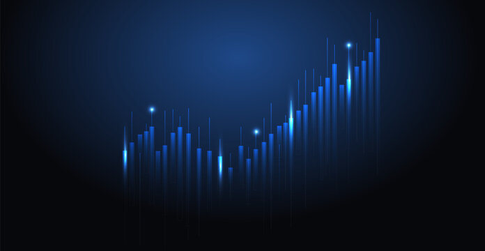 A futuristic financial market candlestick chart shows an upward trend with glowing blue light on a dark background