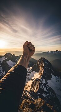 Conqueror's Triumph: A triumphant fist is raised against a breathtaking mountain vista at sunrise, symbolizing accomplishment and overcoming challenges.