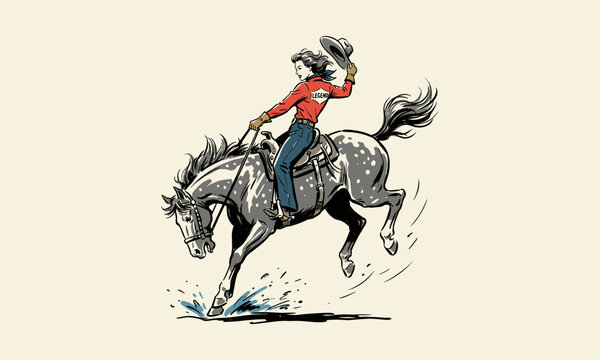 Vintage cowgirl legend riding a bucking dapple horse in a classic retro western illustration.