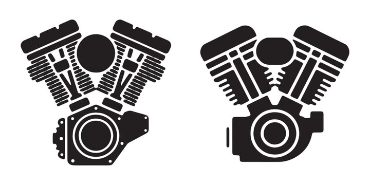 Powerful v twin engine silhouette icons for mechanical workshop and custom motorcycle gear designs.