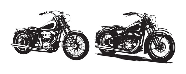 Hand drawn vintage motorcycle silhouettes depicting classic chopper and cruiser bike model designs. © WAZIRALI