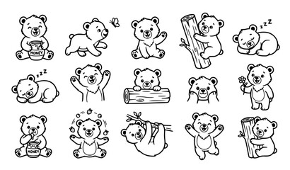 Cute Cartoon Teddy Bear Cub Vector Set Featuring Black and White Little Bears Line Art in Various Poses for Kids Coloring Book Graphic Designs © Mokbul