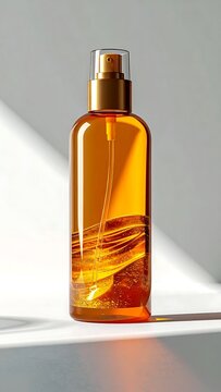 Amber Glass Spray Bottle with Golden Liquid.