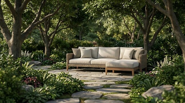 A serene garden patio set perfect for a minty summer tonic, featuring a modern wicker sectional sofa placed on a rustic flagstone path under lush shade