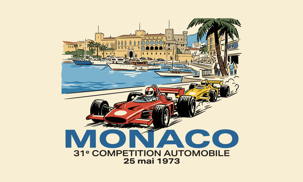 Vintage illustration of classic race cars speeding through the harbor streets of Monaco in 1973.