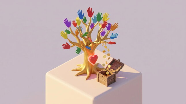 Stylized tree made of colorful hands growing from chest.