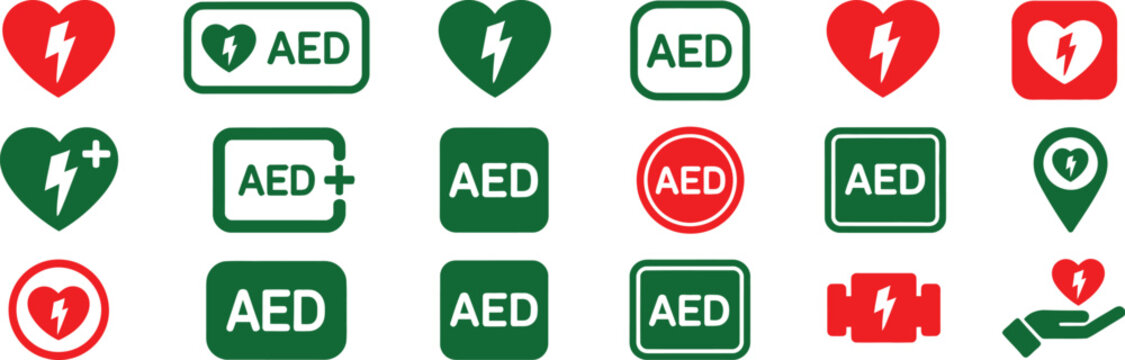 Automated External Defibrillator AED Icons and Signs in Red, Green, and Black for Emergency Medical Response and First Aid Applications