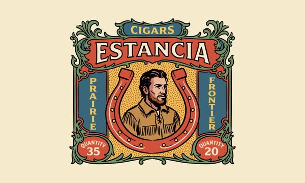 Vintage cigar label illustration featuring a frontier man and horseshoe in an ornate frame.