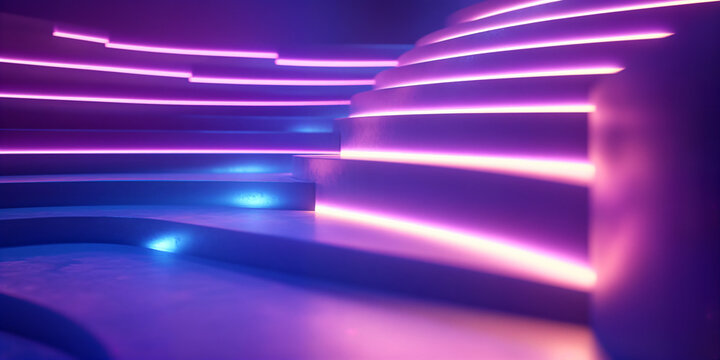 Futuristic neon stairs with purple and blue glowing light strips, abstract synthwave stage background, modern cinematic 3D interior architecture