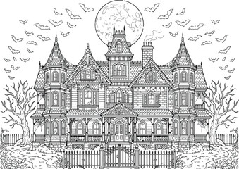 Naklejka premium Spooky Halloween Haunted House Coloring Page with Full Moon and Bats