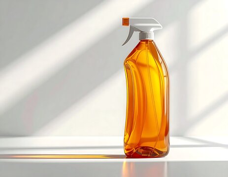 Amber spray bottle on white surface with sunlight.