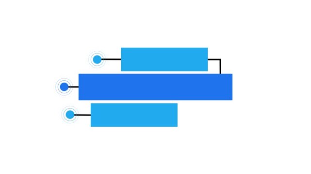 Clean minimal infographic layout with connected blue rectangles and circular nodes on a light background. Modern workflow, process steps, data flow visualization concept for business presentations.