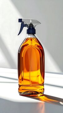Amber spray bottle with liquid on white surface.