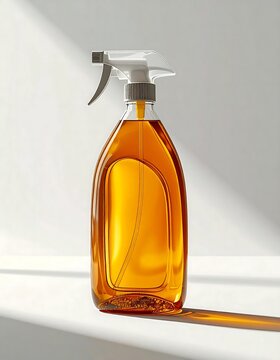 Amber spray bottle with trigger nozzle on white surface.