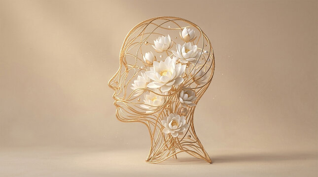 3D abstract illustration of human profile silhouette made of flowing golden threads and blooming white lotus flowers for mindfulness and mental wellness, generative AI
