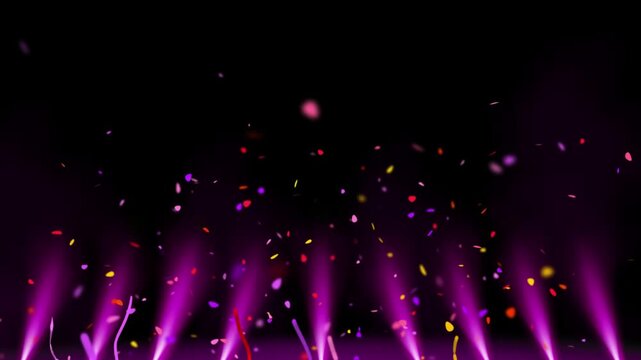 Colorful confetti explosion on black background. Festive party streamers for celebration.