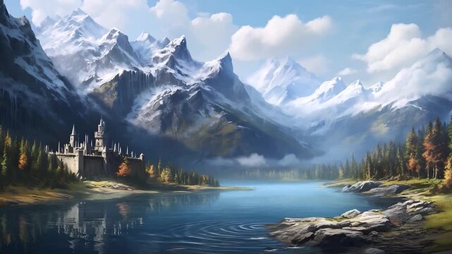 Mystical Castle on a Serene Lake: A grand, ancient castle stands stoically on the edge of a tranquil lake, dwarfed by majestic, snow-capped mountains under a clear blue sky.
