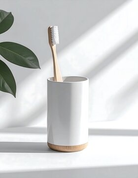 Bamboo toothbrush in white ceramic holder on shelf.