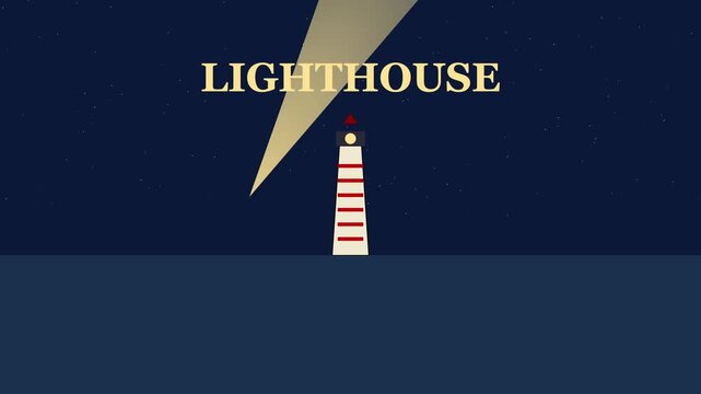 Minimalist lighthouse animation with rotating searchlight beam at night for nautical concept and navigation 4k background