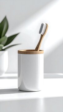 Bamboo toothbrush in white ceramic holder on windowsill.
