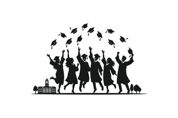 Obraz premium Minimal black and white vector illustration of happy graduates throwing graduation caps into the air, clean silhouette style, bold graphic design, education concept