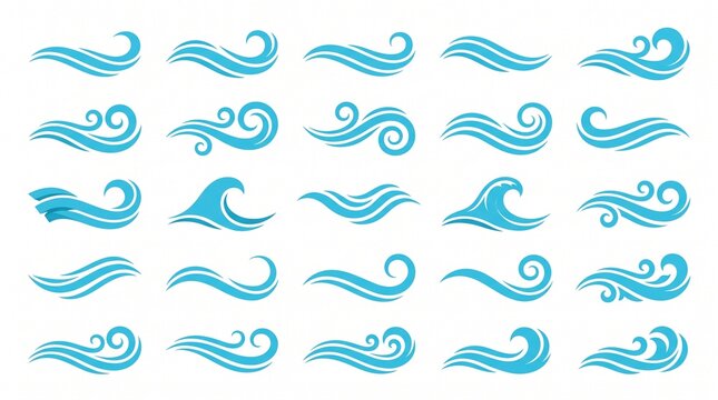 "Create a premium flat vector collection featuring 21 elegant water wave flourish elements arranged in a clean 3&times;7 grid on a white or transparent background. Each design should feature a unique flowin