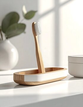 Bamboo toothbrush in wooden holder on white shelf.
