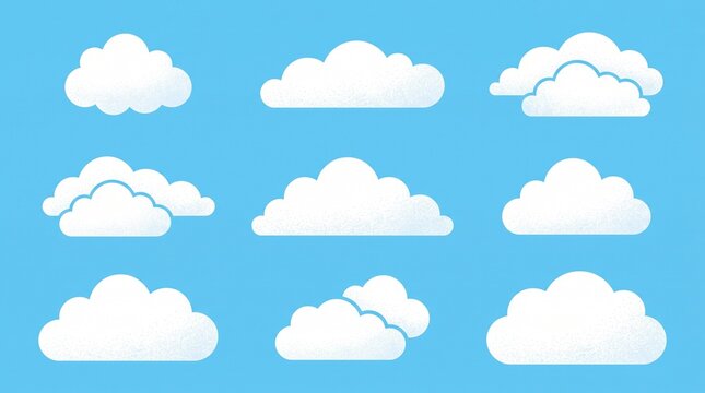 "Create a premium flat vector collection featuring nine unique fluffy cloud illustrations arranged in a clean 3&times;3 grid on a bright sky-blue background or transparent background. Each cloud should have