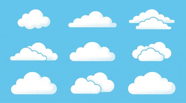 "Create a premium flat vector collection featuring nine unique fluffy cloud illustrations arranged in a clean 3&times;3 grid on a bright sky-blue background or transparent background. Each cloud should have