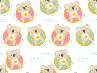 Naklejka premium Cute Koala Seamless Pattern Floating on Donut Tubes Summer Background