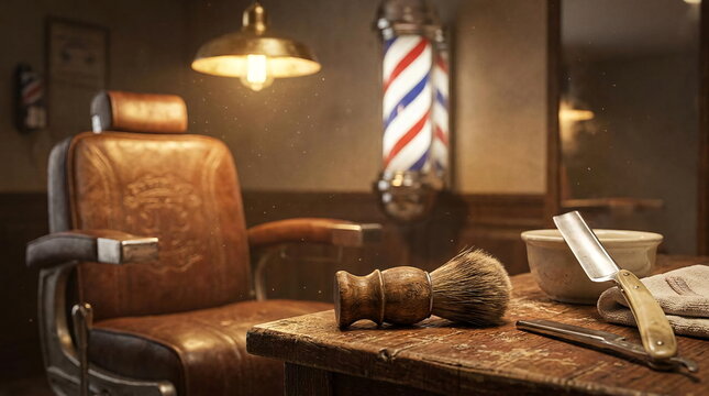 Vintage barbershop interior with leather chair and shaving tools.