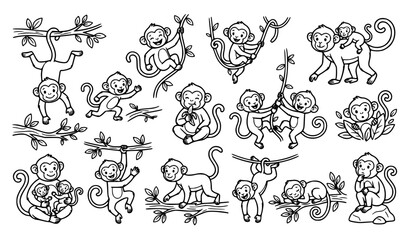Cute Cartoon Monkey Coloring Book Page Vector Character Set with Outline Jungle Monkeys Swinging Hanging on Vines and Crawling for Kids Activity Sheets © Mokbul
