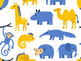 Fototapeta premium Seamless Cartoon Wild Animal Pattern with Giraffe Elephant and Monkey in Blue and Yellow