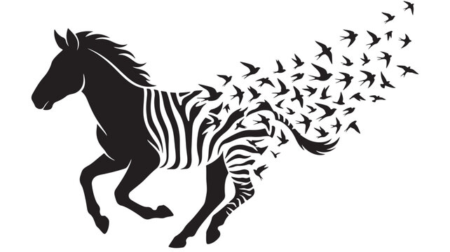 Zebra Running with Birds Flying From Its Stripes, Dynamic Wildlife Illustration Featuring Motion, Black, White with Animal