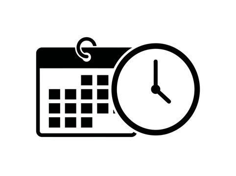 Black and white calendar and clock icon representing schedule, deadline, time management, and appointment planning