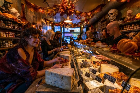 Halloween Decor Inside a Busy Artisan Cheese Boutique